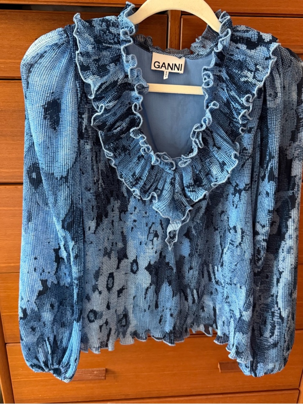 Ganni Blue Ruffle V-Neck Floral Print Blouse